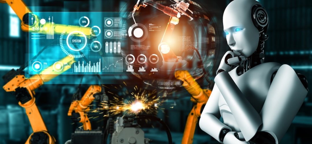 Mechanized industry robot and robotic arms for assembly in factory production .